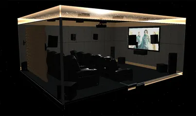 Luxurious home theater design featuring plush seating and a large screen, ideal for immersive movie experiences.