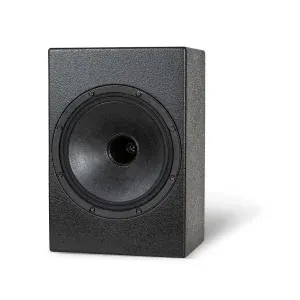 Compact black speaker with a textured finish, designed for high-fidelity sound in home theater setups.