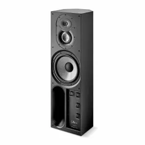 Stylish black floor-standing speaker featuring a powerful driver setup for an immersive audio experience. Perfect for home use.
