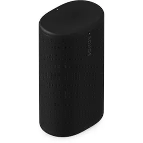 Compact black wireless speaker with sleek design and control buttons, ideal for home audio setups and versatility.