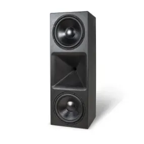 High-performance speaker with dual woofers and a horn design for superior sound quality in home audio setups.