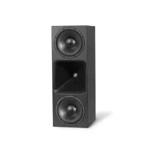 Premium black speaker with dual woofers and horn, designed for an immersive audio experience in home theaters.